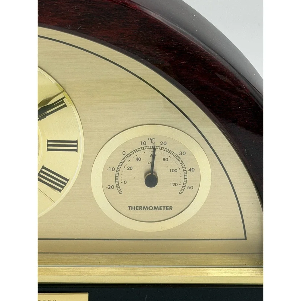 Bulova Mantel Clock Quartz Wood Brass Hygrometer Thermometer Engraved